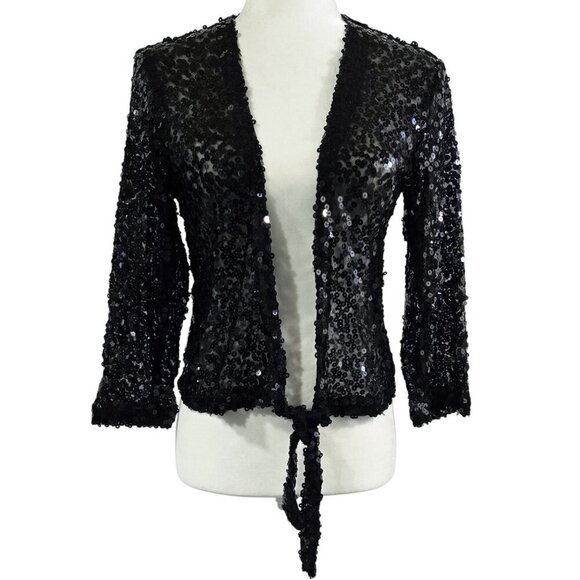 Chico's Black Sequin Mesh Cropped Tie Front Sheer Lightweight Shrug Evening - Picture 1 of 7